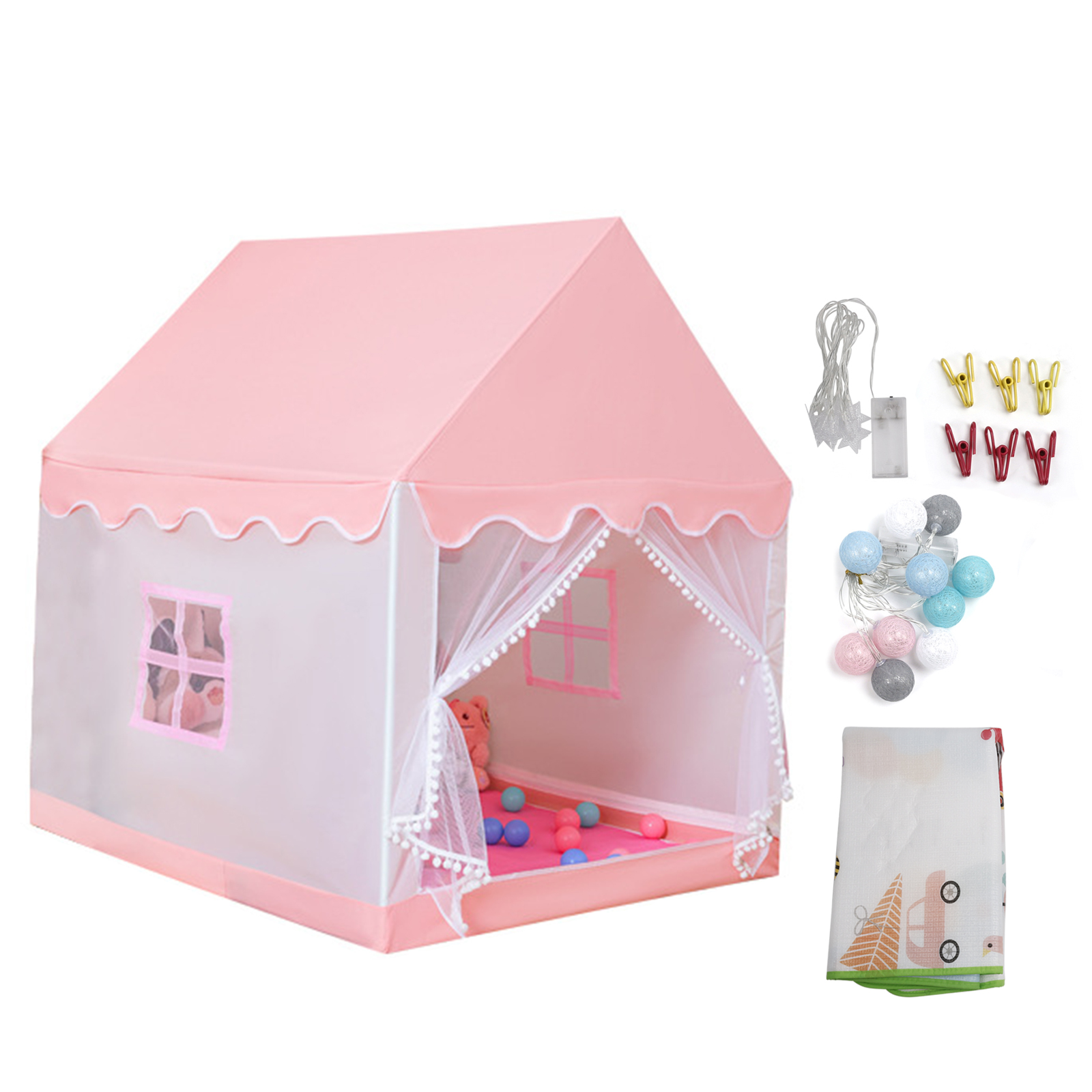 Kids Indoor Play Tent for Boys & Girls, Assembly Tent with Metal Frame, Mesh Window, Optional Star Lights & Mat, Portable Children’s Playhouse with Carry Bag Pink