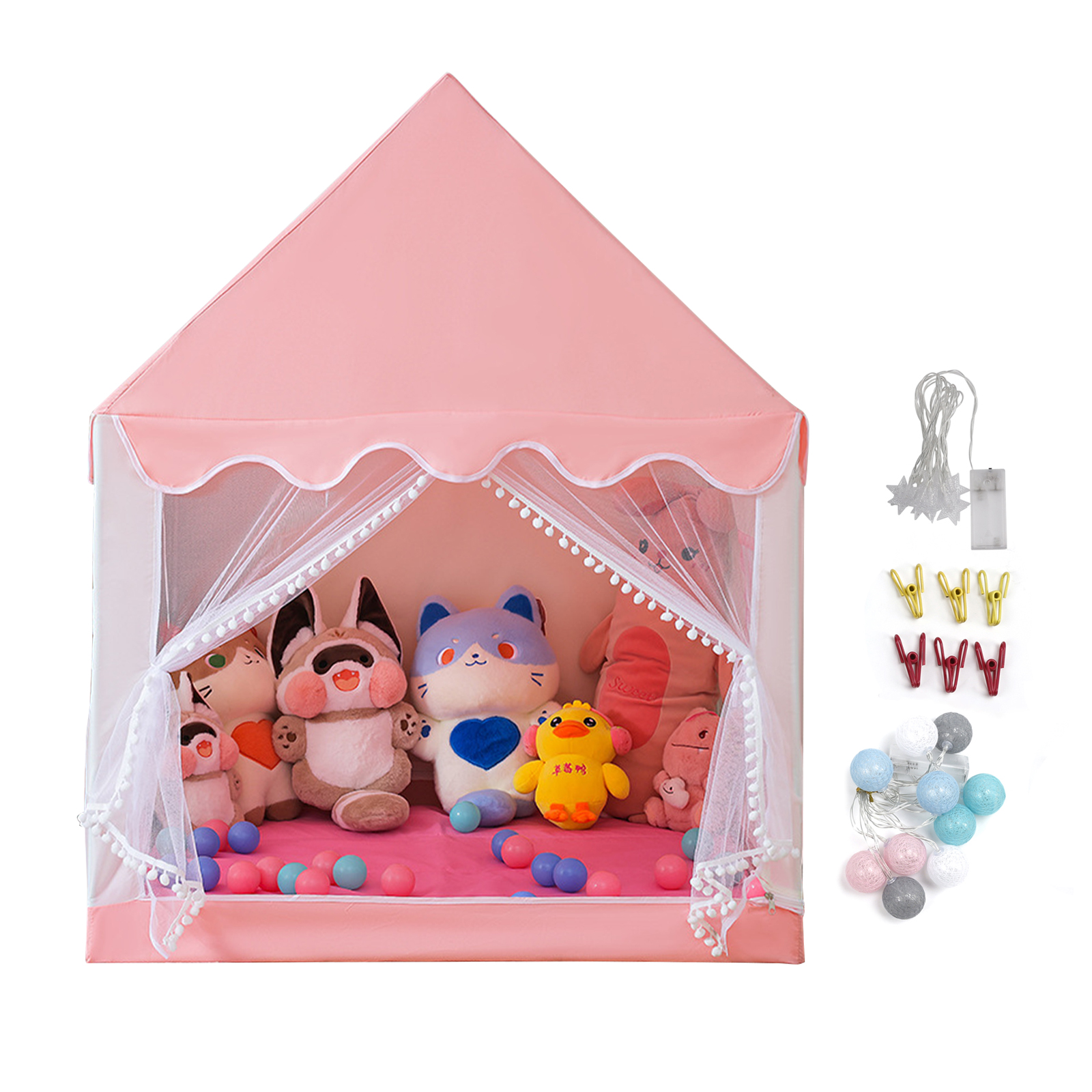 Kids Indoor Play Tent for Boys & Girls, Assembly Tent with Metal Frame, Mesh Window, Optional Star Lights & Mat, Portable Children’s Playhouse with Carry Bag Pink detail view 1