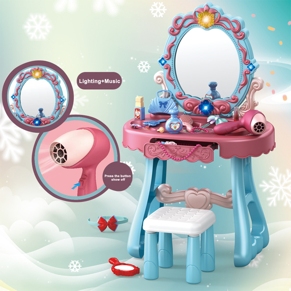 Toddler Makeup Table with Mirror and Chair, Kids Makeup Vanity Set with Accessories and Lights and Music Sounds, Makeup Accessories & Blowdryer for Toddlers 3+ Years Old detail view 1