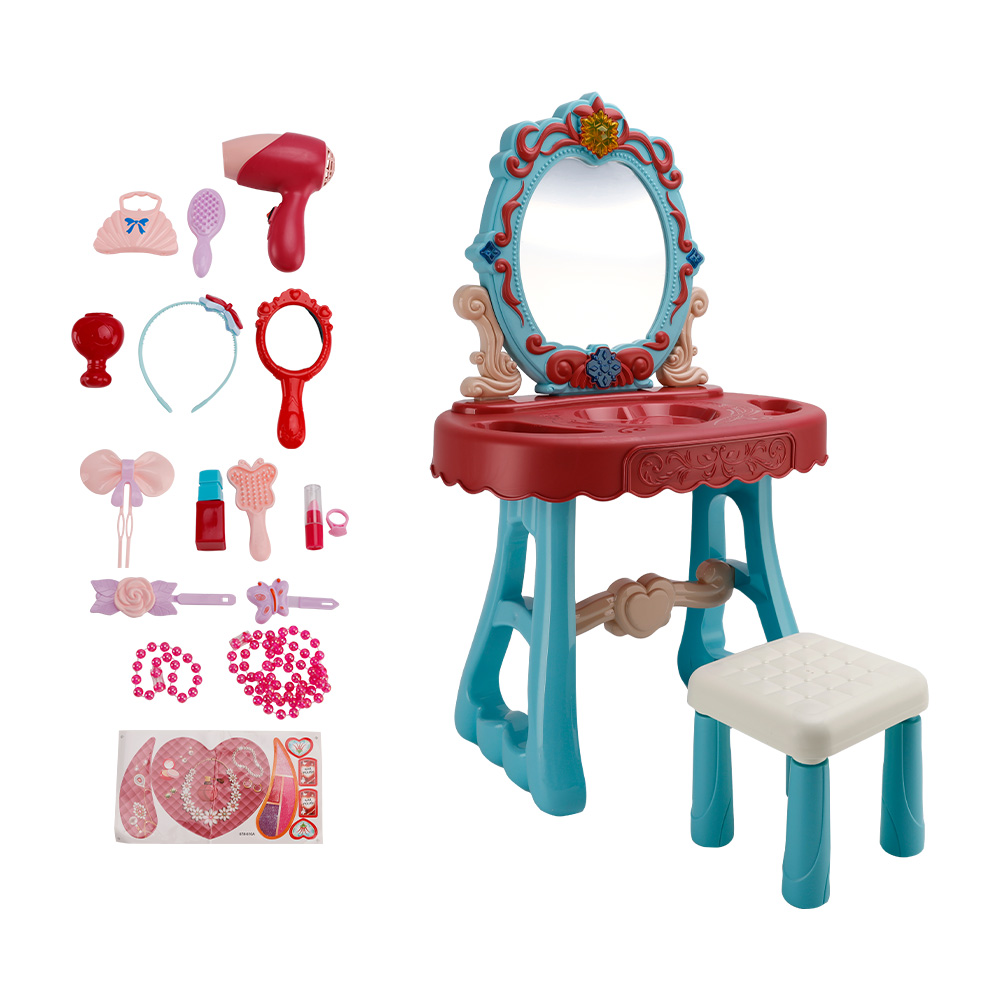 Toddler Makeup Table with Mirror and Chair, Kids Makeup Vanity Set with Accessories and Lights and Music Sounds, Makeup Accessories & Blowdryer for Toddlers 3+ Years Old