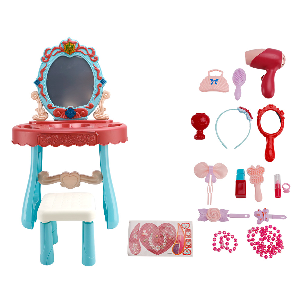 Toddler Makeup Table with Mirror and Chair, Kids Makeup Vanity Set with Accessories and Lights and Music Sounds, Makeup Accessories & Blowdryer for Toddlers 3+ Years Old detail view 3