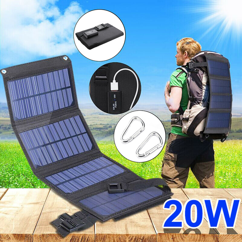 20W USB Foldable Solar Panel Power Bank Outdoor Camping Hiking Battery ...