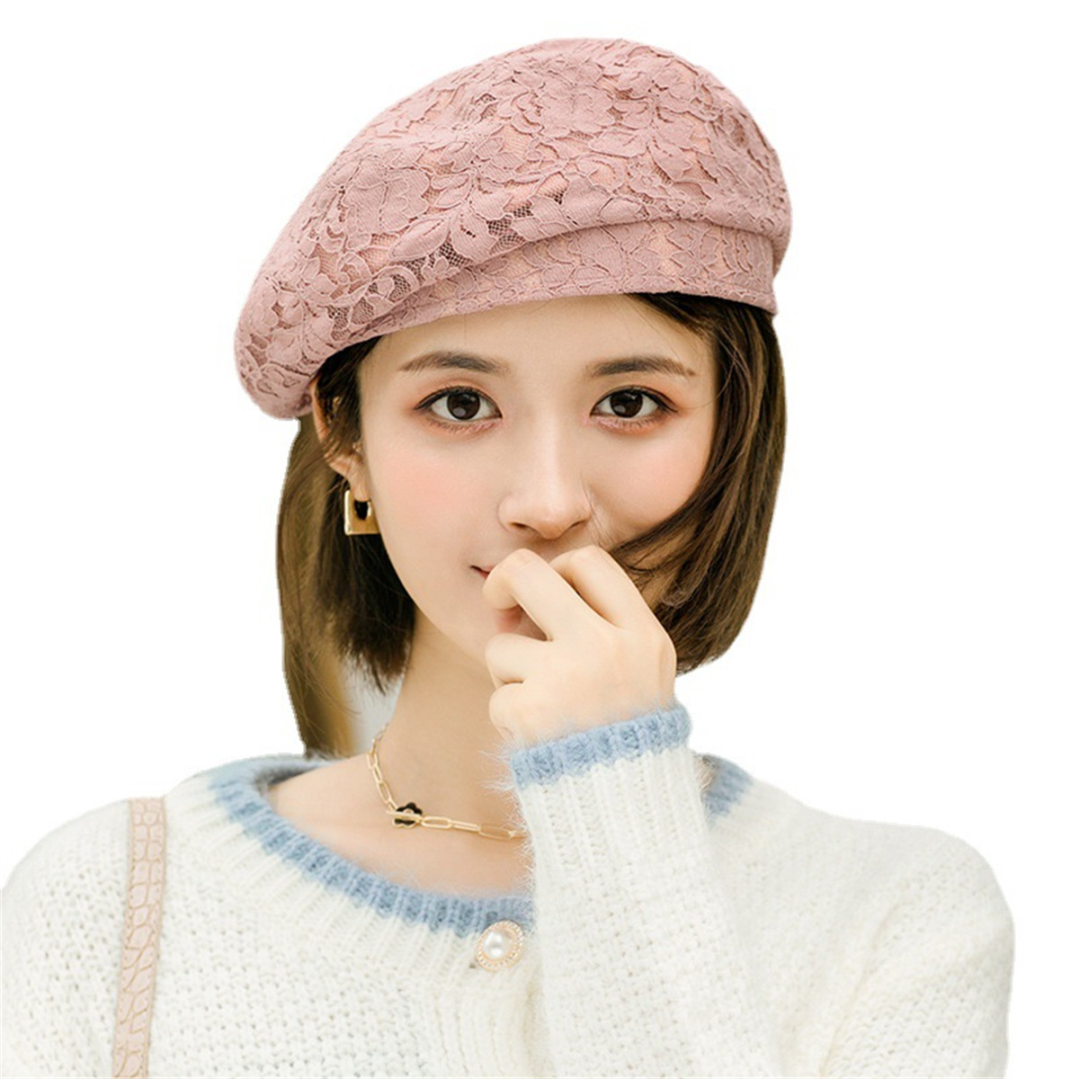 Women\'s French Style Flower Knitted Embroidery Beret Hats Beige  2 Flowers Cream Color Flower Embroidered French Beret, Hand  main image 2