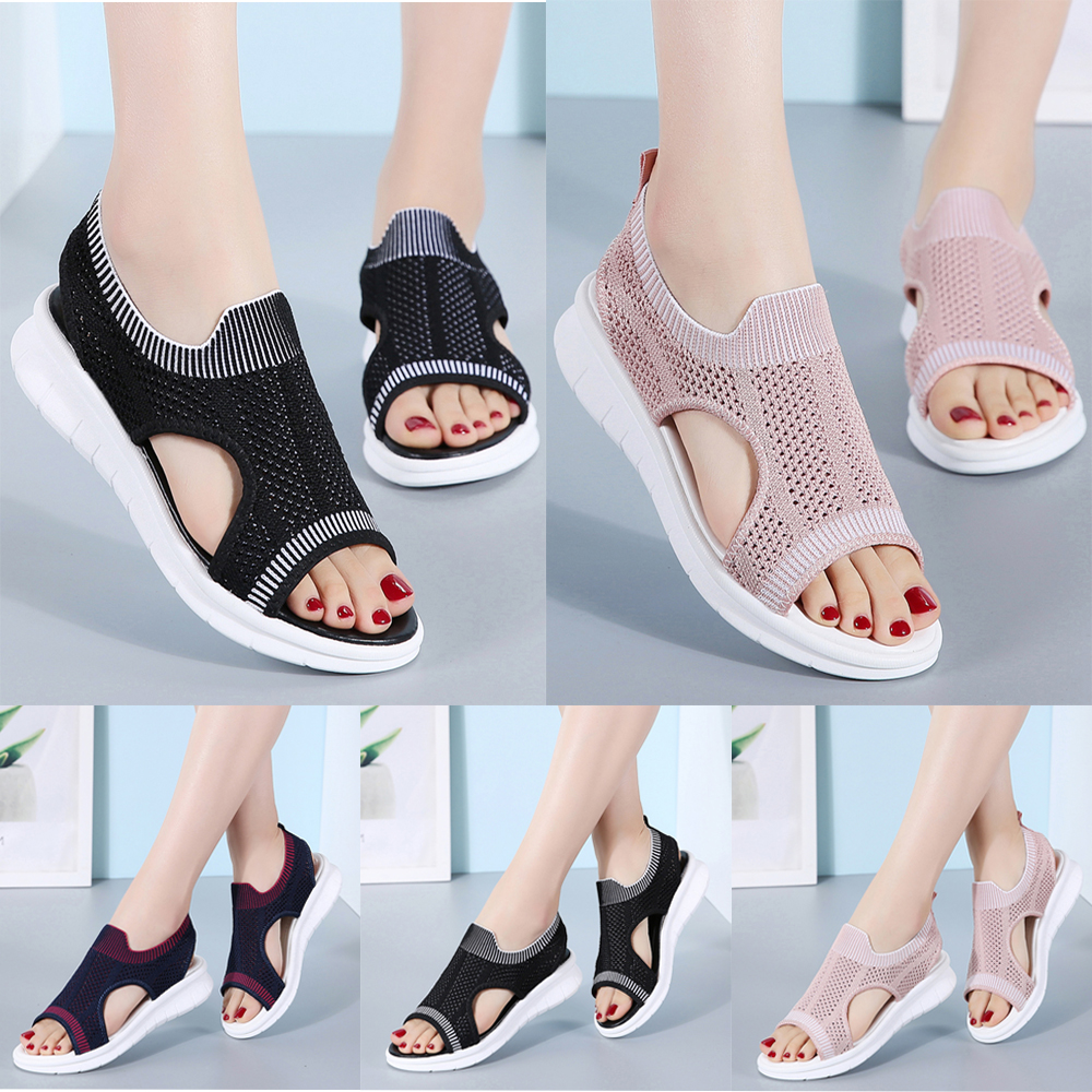 Womens Knit Striped Open Toe Sandals Slip On Breathable Casual Shoes Size US 6-9