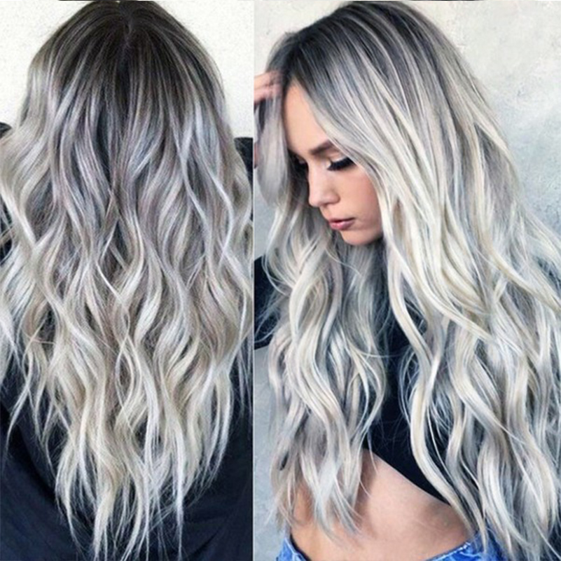 Uk 28 Women Long Wavy Wigs Gradient White Black Gray Ombre