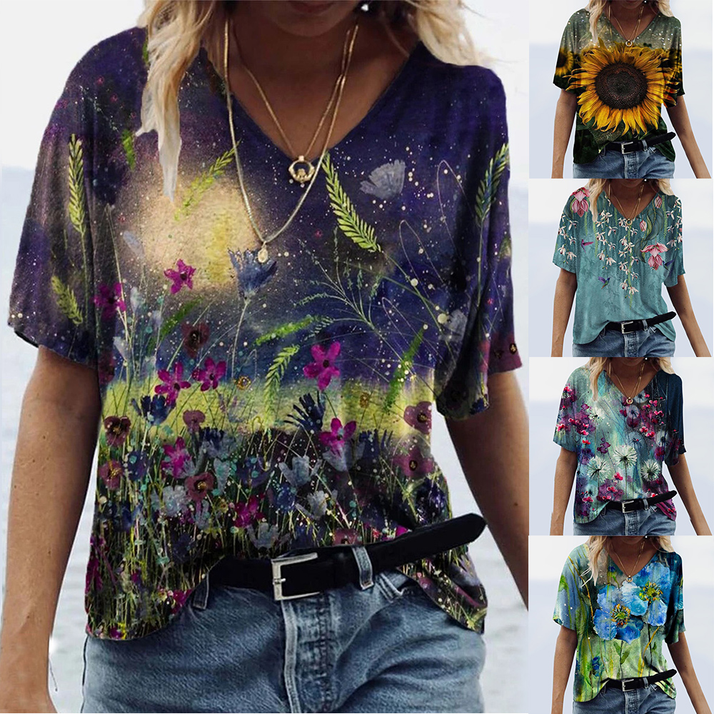  Womens Summer Floral V Neck T Shirt Ladies Casual Short Sleeve Tunic Tops Blouse 