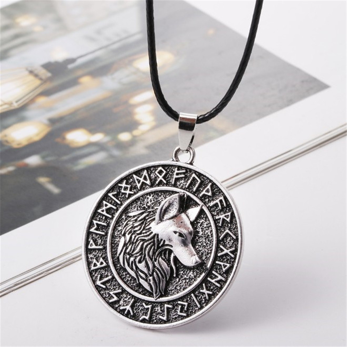 Men's Vintage Silver Norse Viking Wolf&Vegvisir Rune Pendant Necklace ...