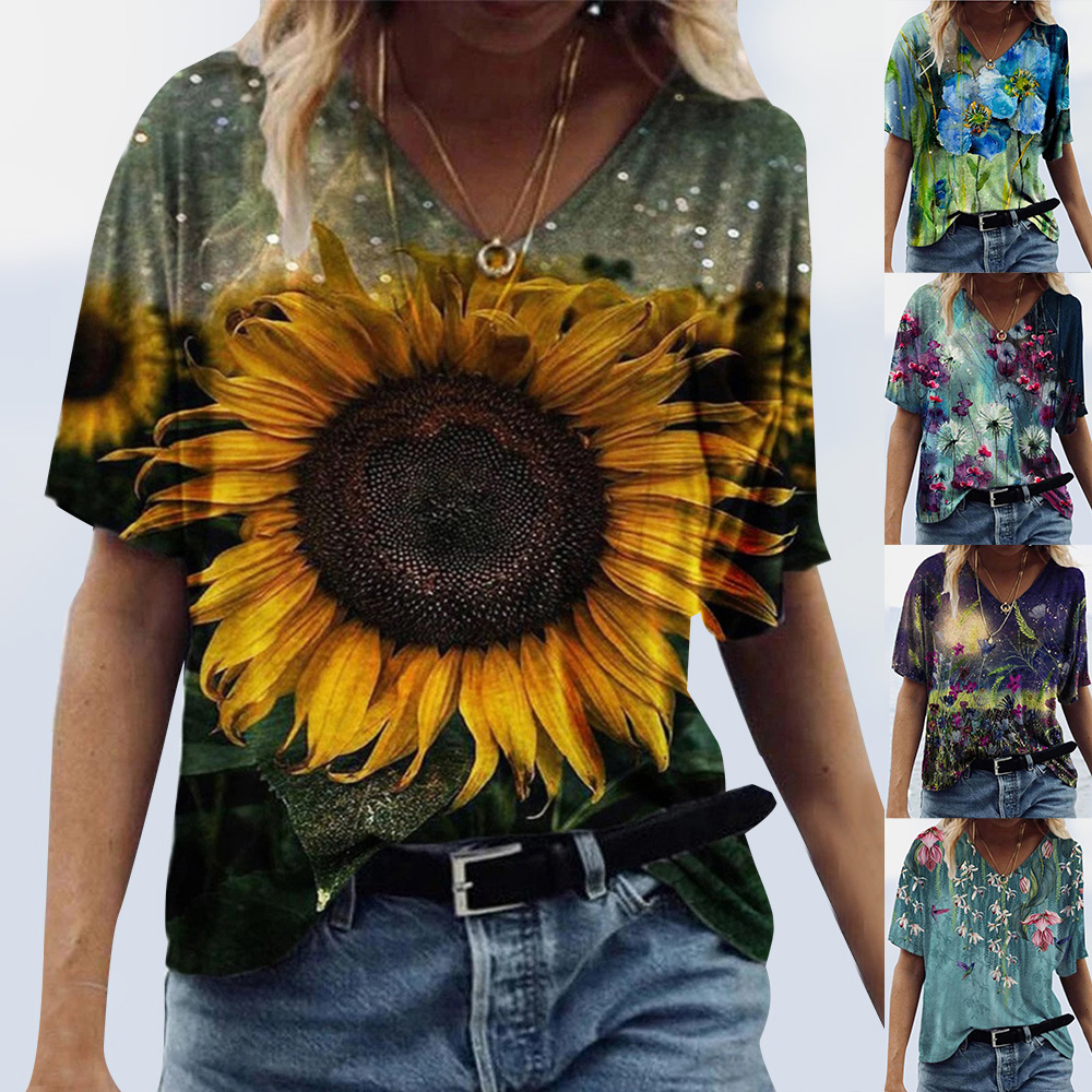  Womens Summer Floral V Neck T Shirt Ladies Casual Short Sleeve Tunic Tops Blouse 