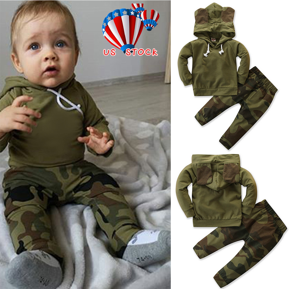 ️Newborn Baby Boys Camouflage Hooded Tops+Pants Tracksuit Outfits Set Clothes