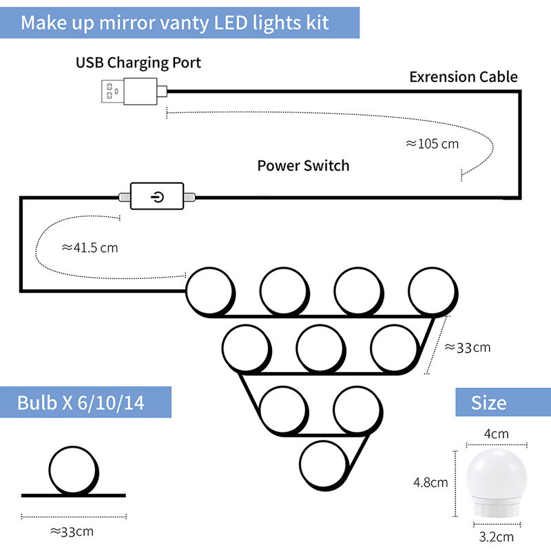 14pcs LED Makeup Light Kit Mirror Bulbs Table Set Dimmable Hollywood