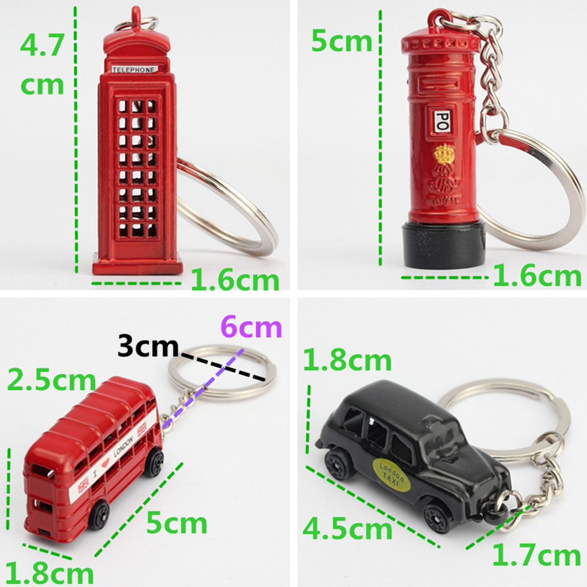 British Miniature London Model Key Ring Keychain Souvenir Red Bus Taxi