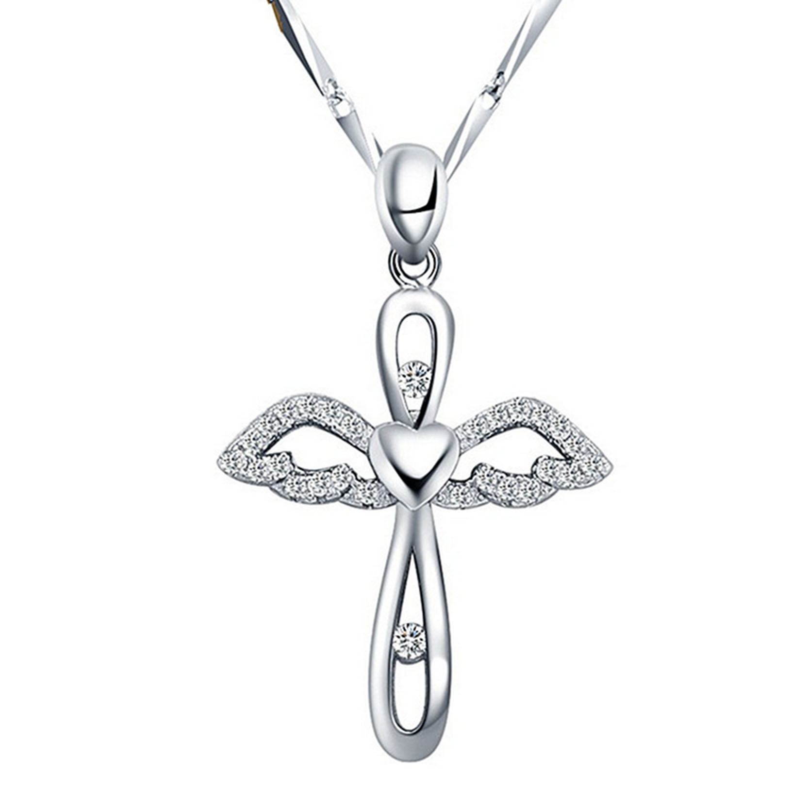 Mother’s Day 925 Silver Cross Heart /& Angel Wings Pendant 18/" Charming