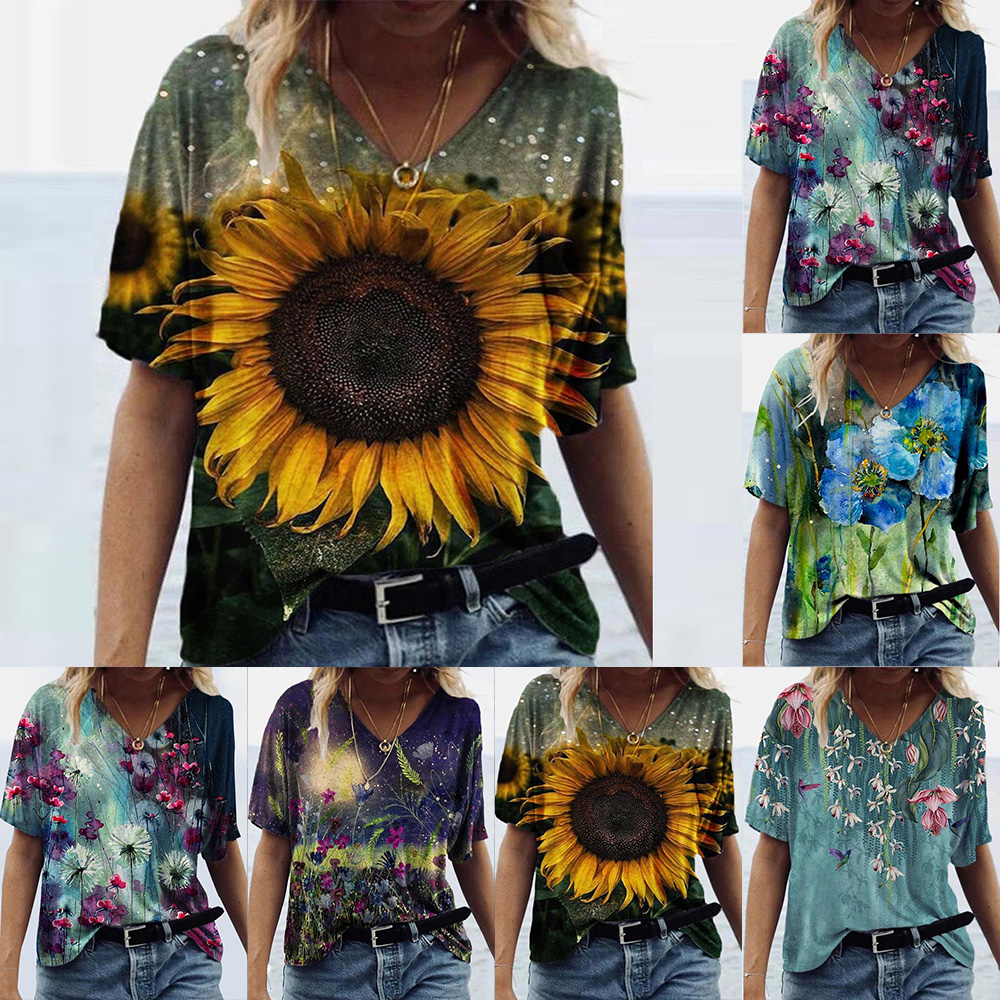  Womens Summer Floral V Neck T Shirt Ladies Casual Short Sleeve Tunic Tops Blouse 