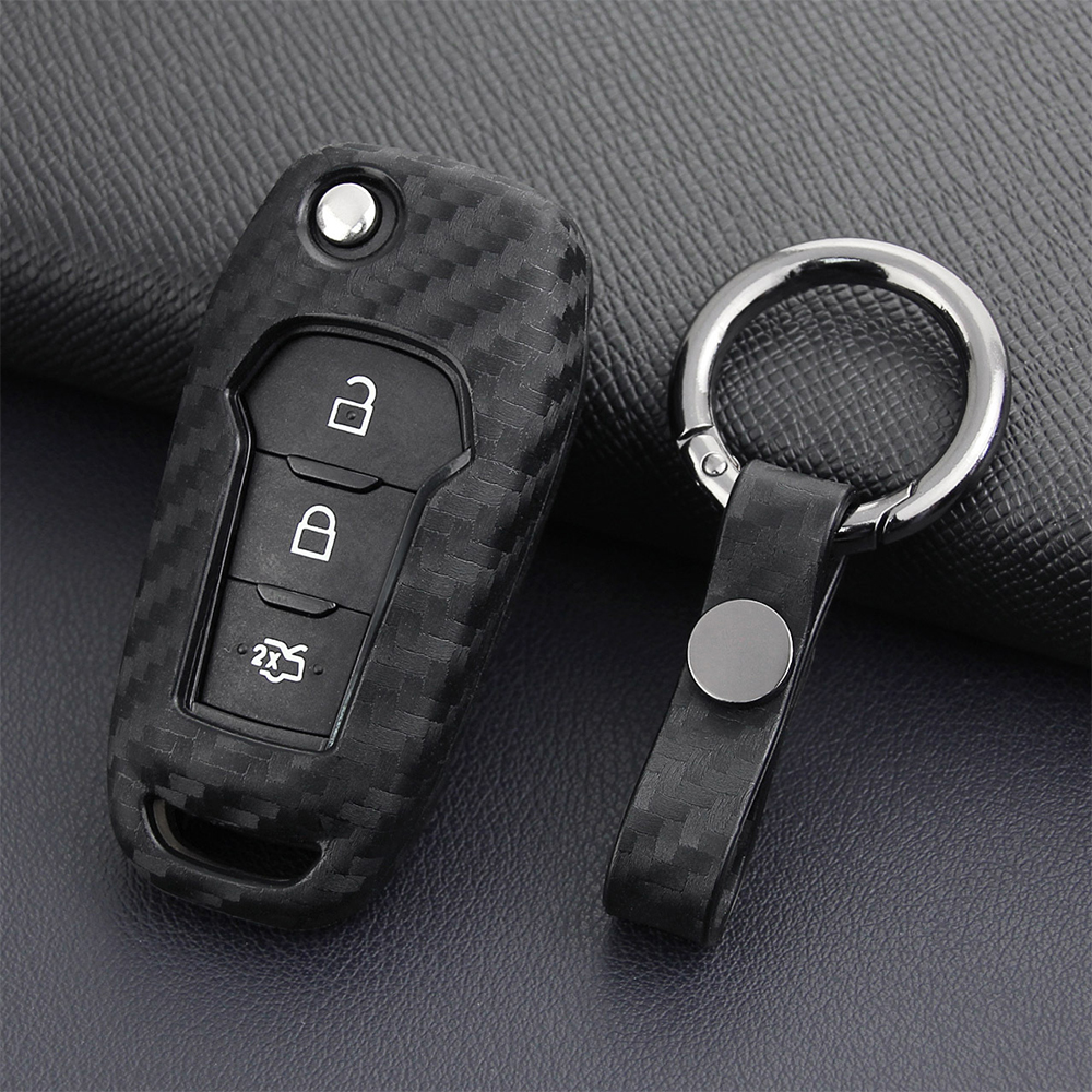 Carbon Fiber Car Key Case Holder Protector Cover Accessories For Ford 2015-2019