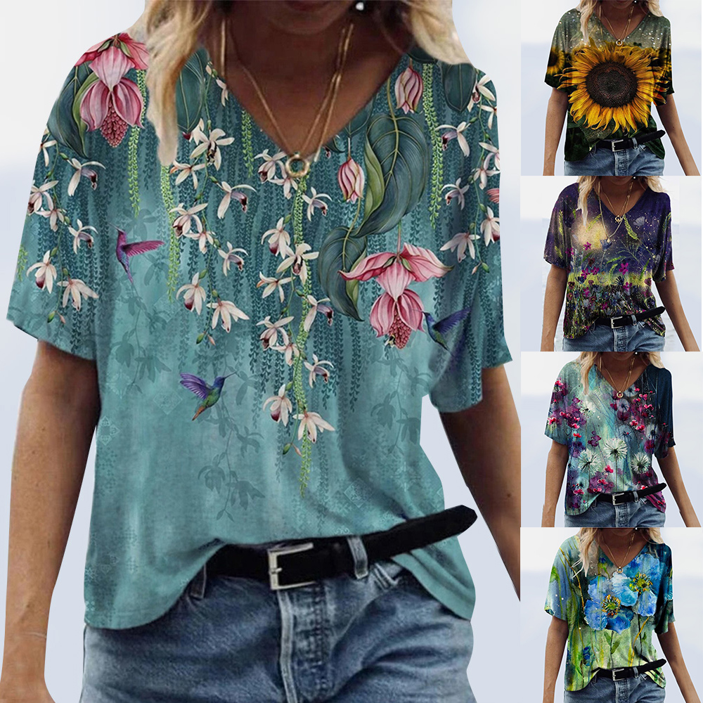  Womens Summer Floral V Neck T Shirt Ladies Casual Short Sleeve Tunic Tops Blouse 