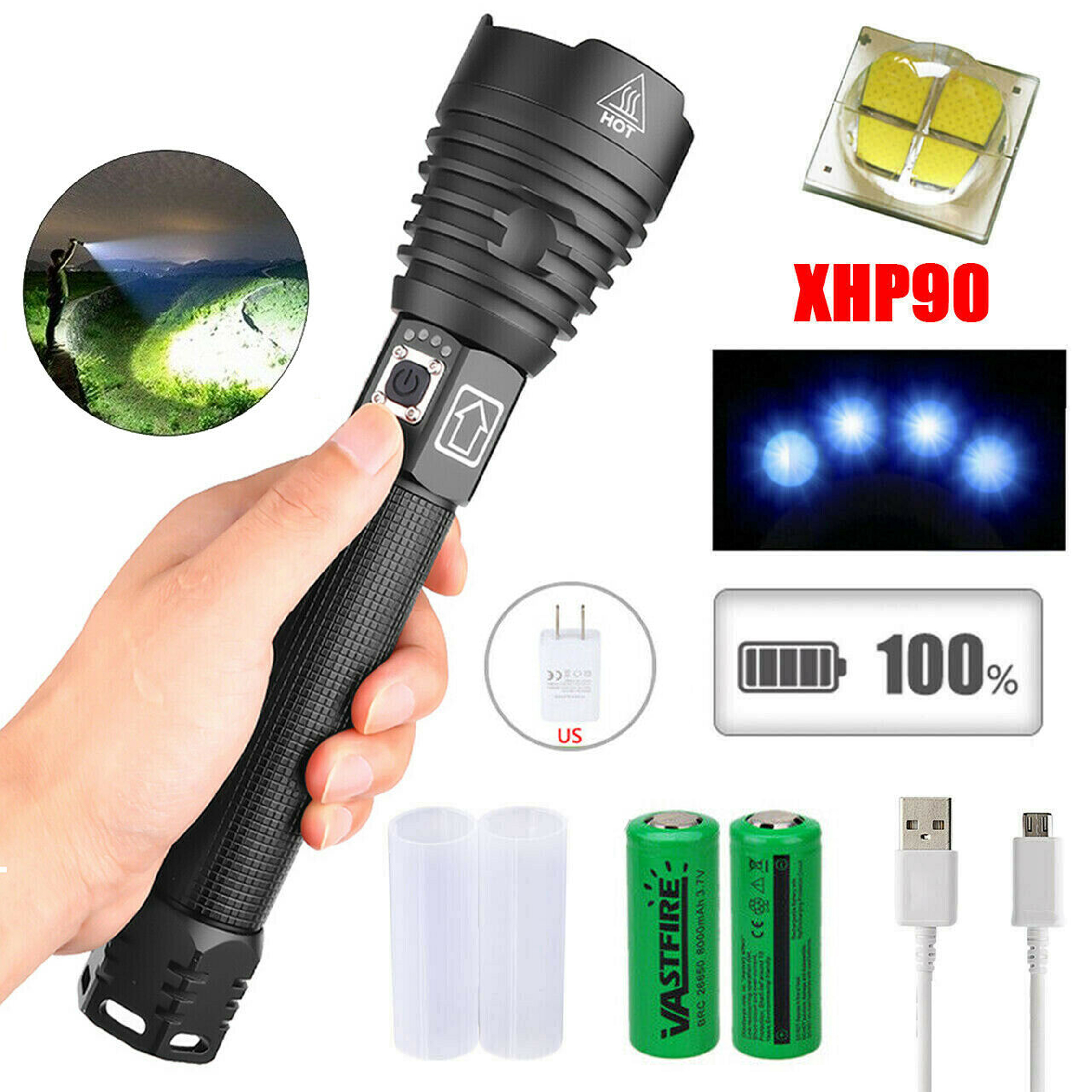 Upgraded LED Flashlight, Xhp90, 90000 Lumens, Zoomable /& 3 Modes Lighting, OUTERDO,Torch with 26650 Battery /& USB Rechargeable, Suitable for Outdoor Hiking Camping or Home Emergency (Black