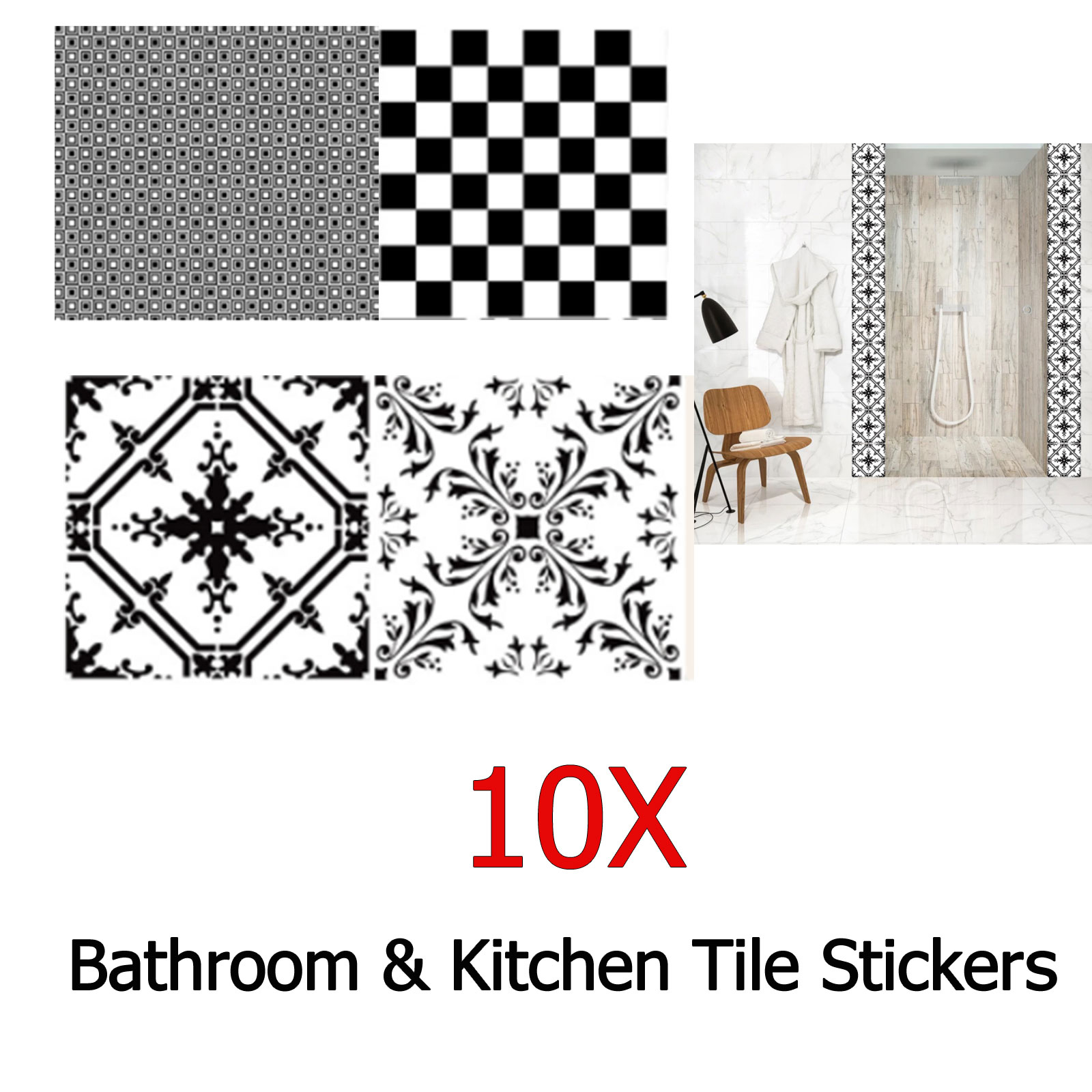 10x Tile Stickers Bathroom Kitchen Grey Mosaic Effect Transfer 10x Tile Stickers Bathroom Kitchen