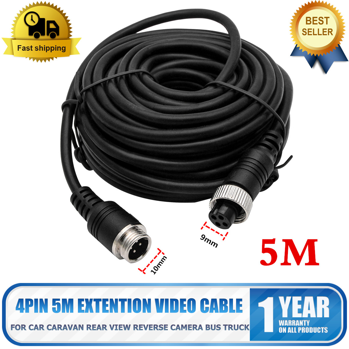 5M EXTENSION CABLE REVERSING CAMERA SYSTEM FOR CARAVAN REAR VIEW 4 PIN