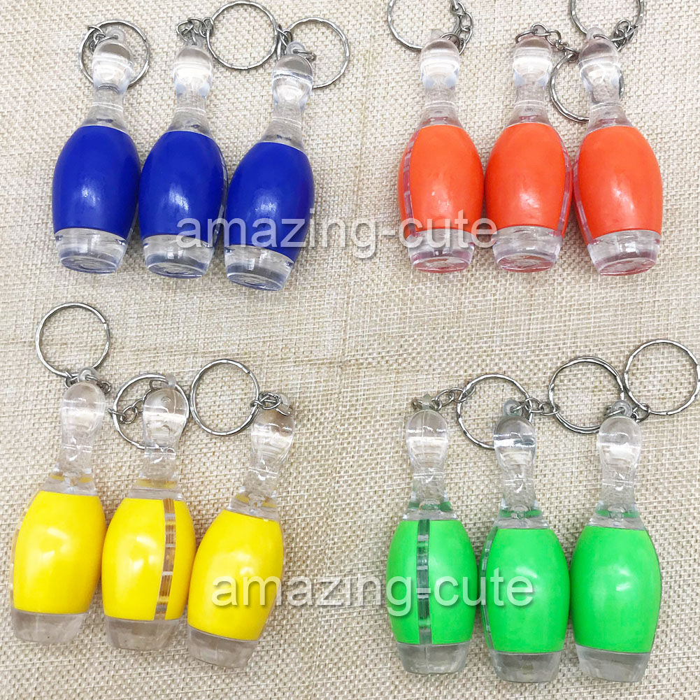 DHL 12x Bowling Pins LED Schlüsselanhänger Kegeln Mitgebsel Taschenlampe farbig 