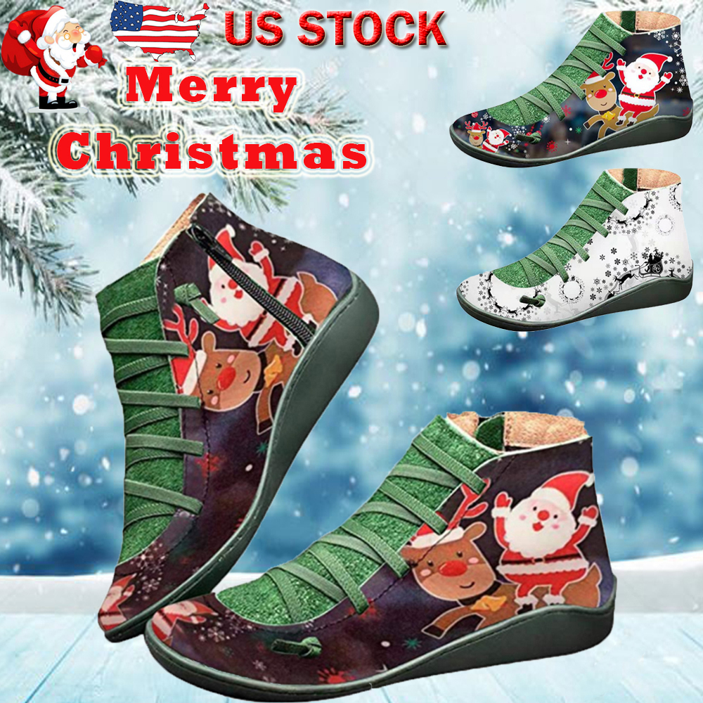 Women's Christmas Santa Claus Print Ankle Boots Lady Zipper Lace Up