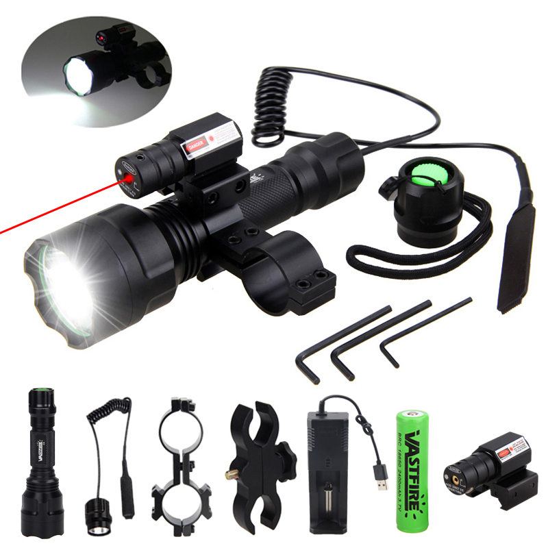 Tactical Hunting Flashlight T6 LED Rifle Gun Light+Laser Dot Sight