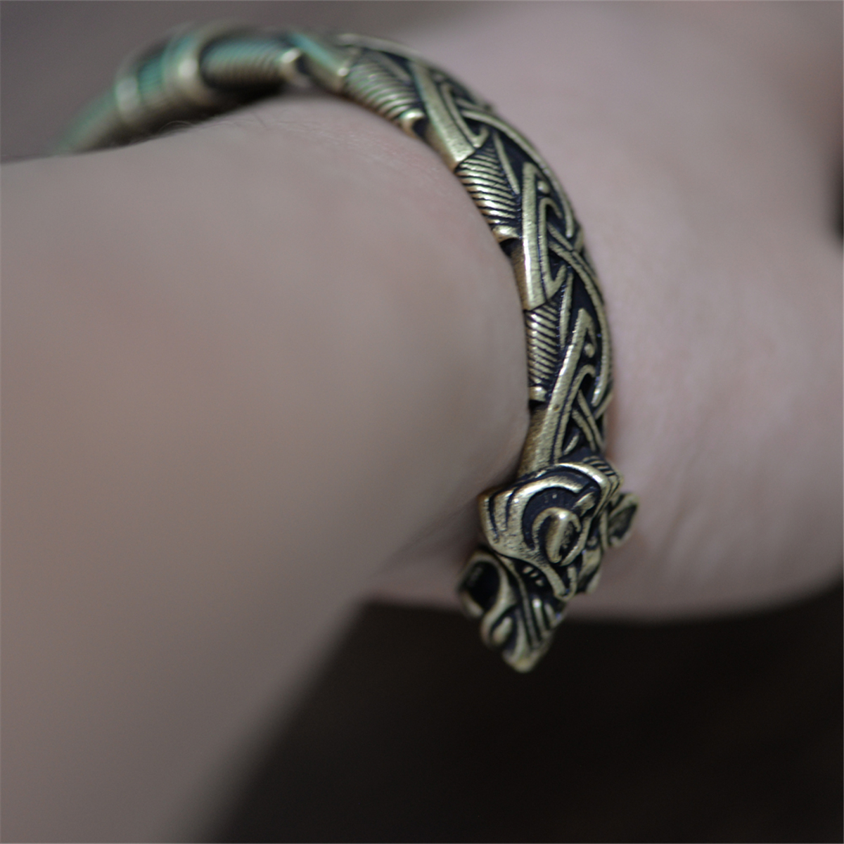 Mens Wolf Head Bracelet – Stainless Steel & Black Genuine Leather Braided Cuff - View #8