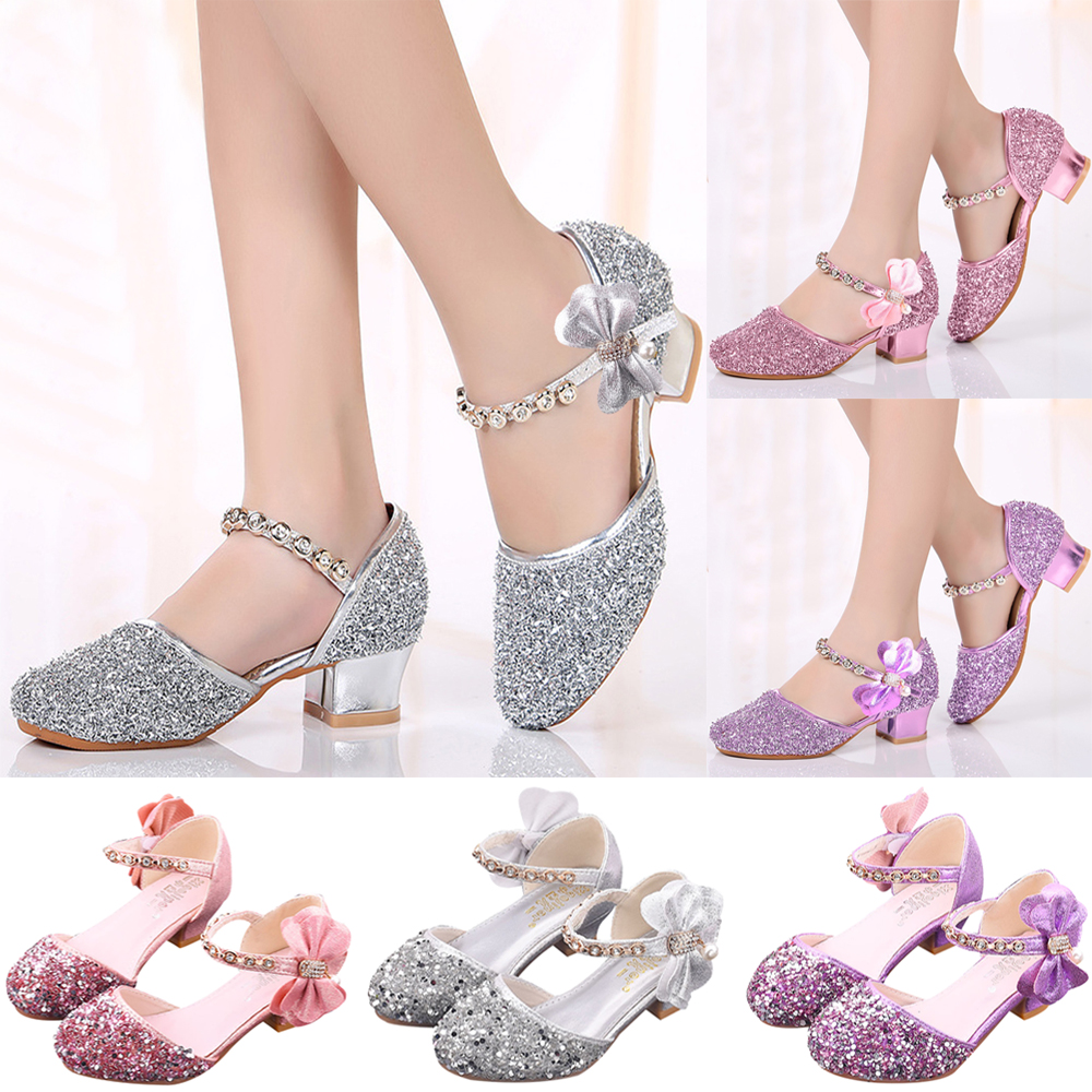 US Girl/'s Bowknot Princess Kids Performance Shoes Bling Sequins Mid Heels Dress