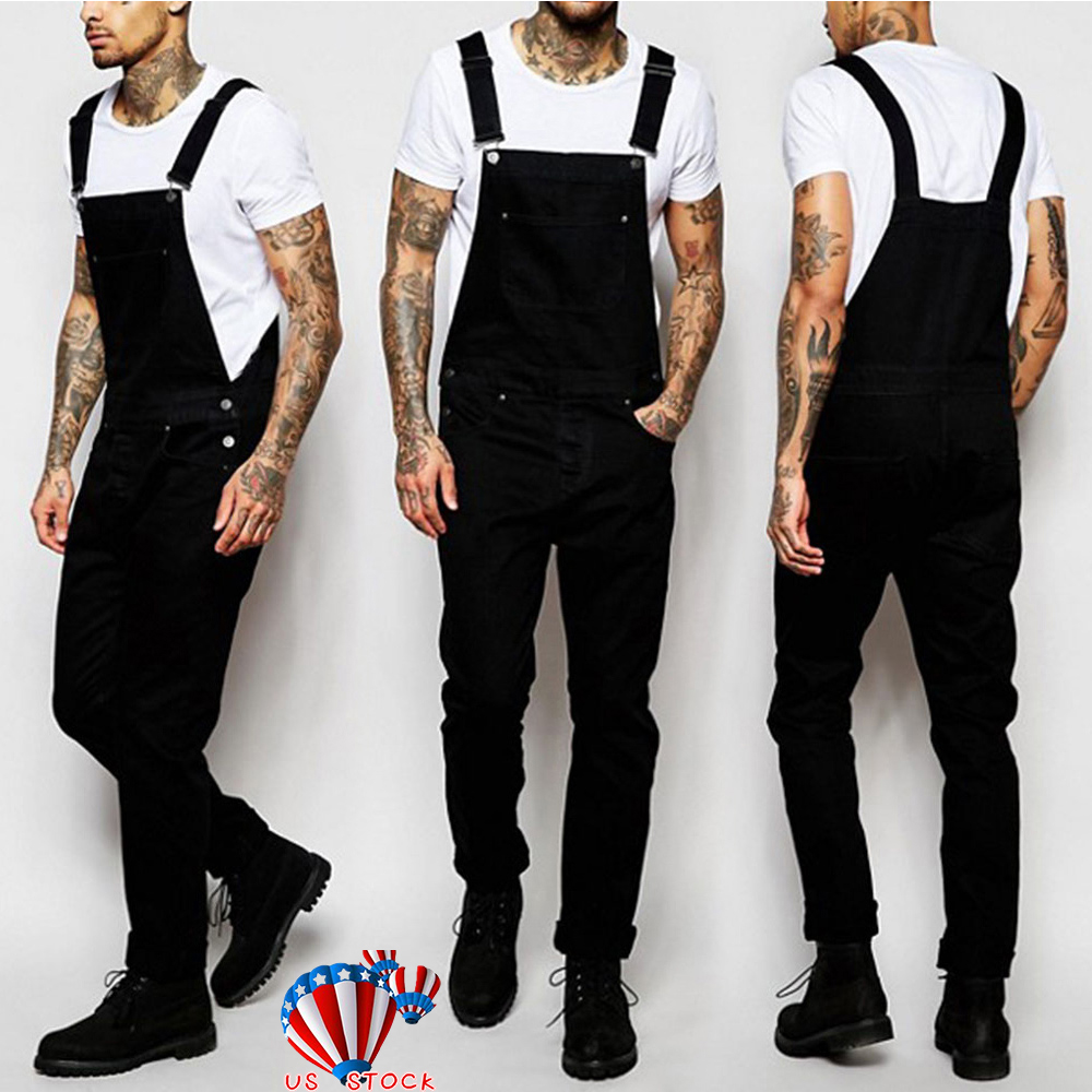 Mens Denim Dungaree Overalls Pants Trousers Work Jumpsuit Ripped Cargo ...