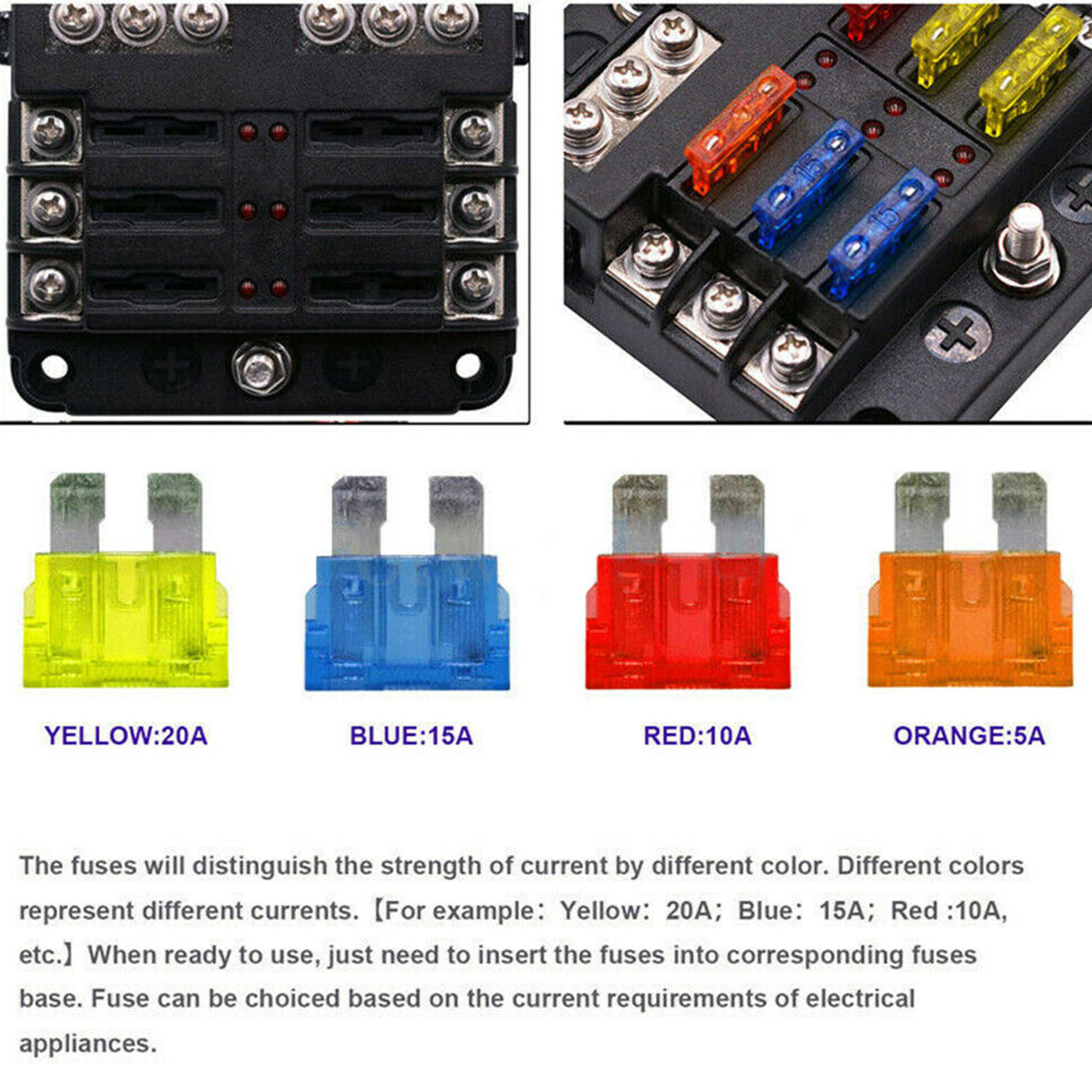 6 Voies Boîte Fusibles 12V Porte Fusible ATO 32V 100A avec 10 Fusibles 6  Voyants LED