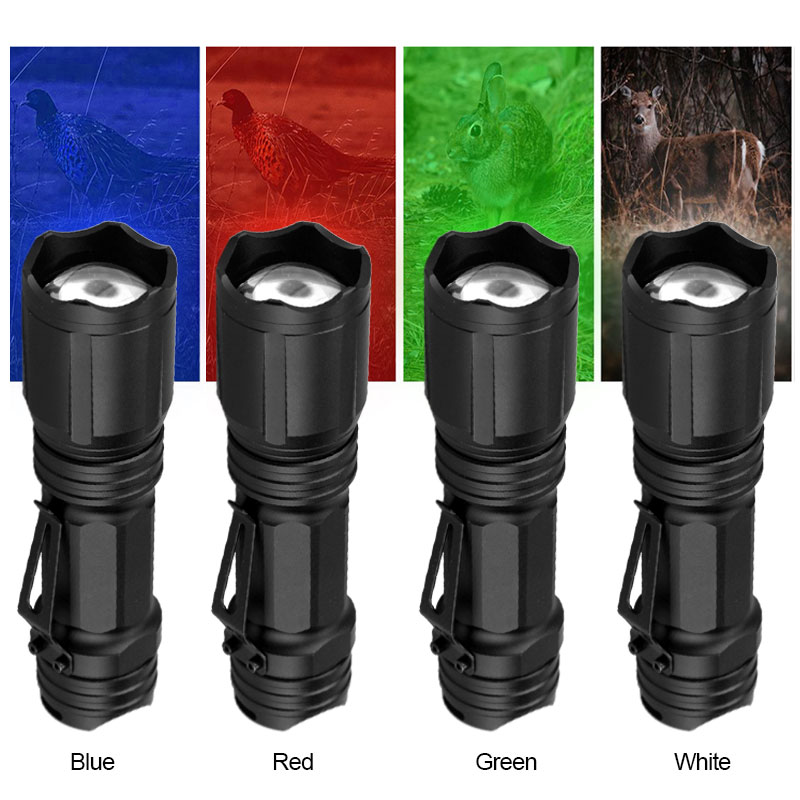 Zoom 4 Color In 1 MultiColor Tactical Flashlight Torch Hunting 3AAA or