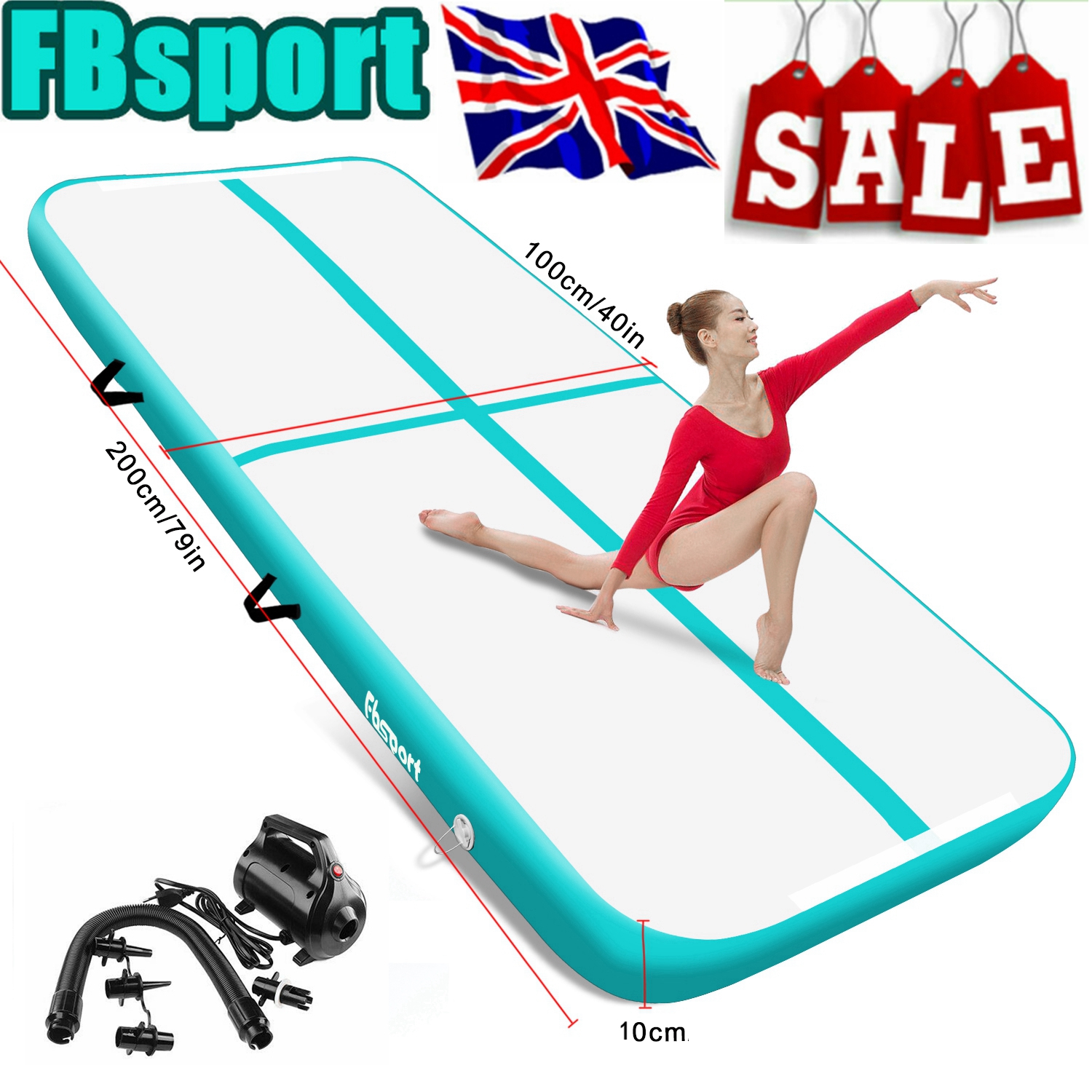 3/4Mx2M Fbsport Air Track Inflatable Airtrack Gymnastics Tumbling Mat Pump UK 