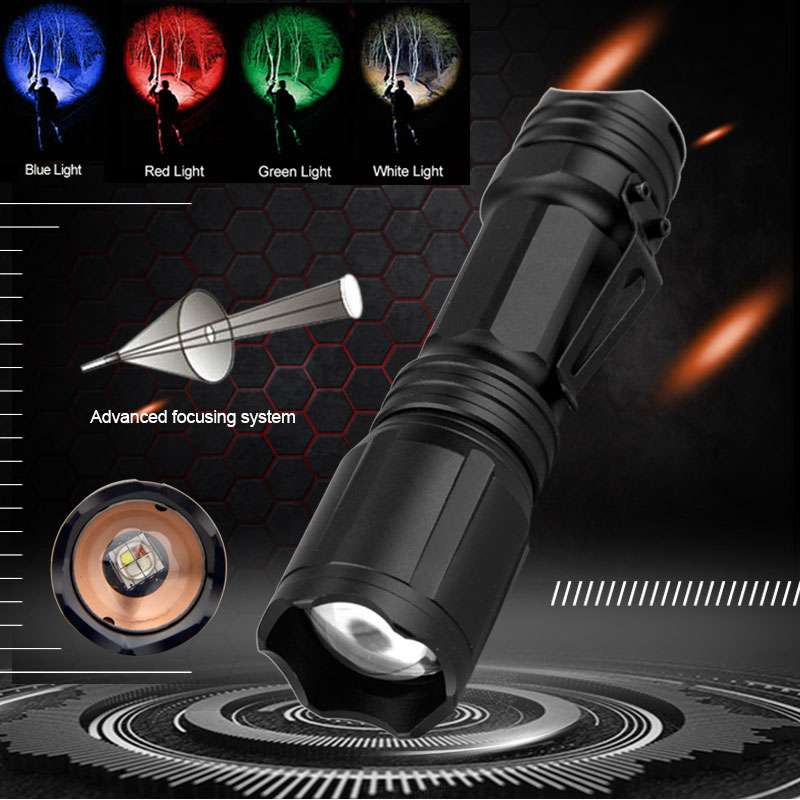 Zoom 4 Color In 1 MultiColor Tactical Flashlight Torch Hunting 3AAA or