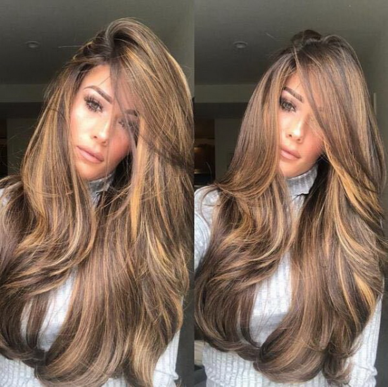 Women Ombre Mix Brown Gold Long Full Wavy Synthetic Curly Natural Hair ...