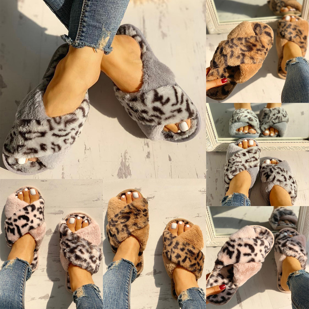 WOMENS LEOPARD INDDOR FUR FLUFFY FLAT SLIPPERS LADIES WARM SLIP ON SHOES SIZE