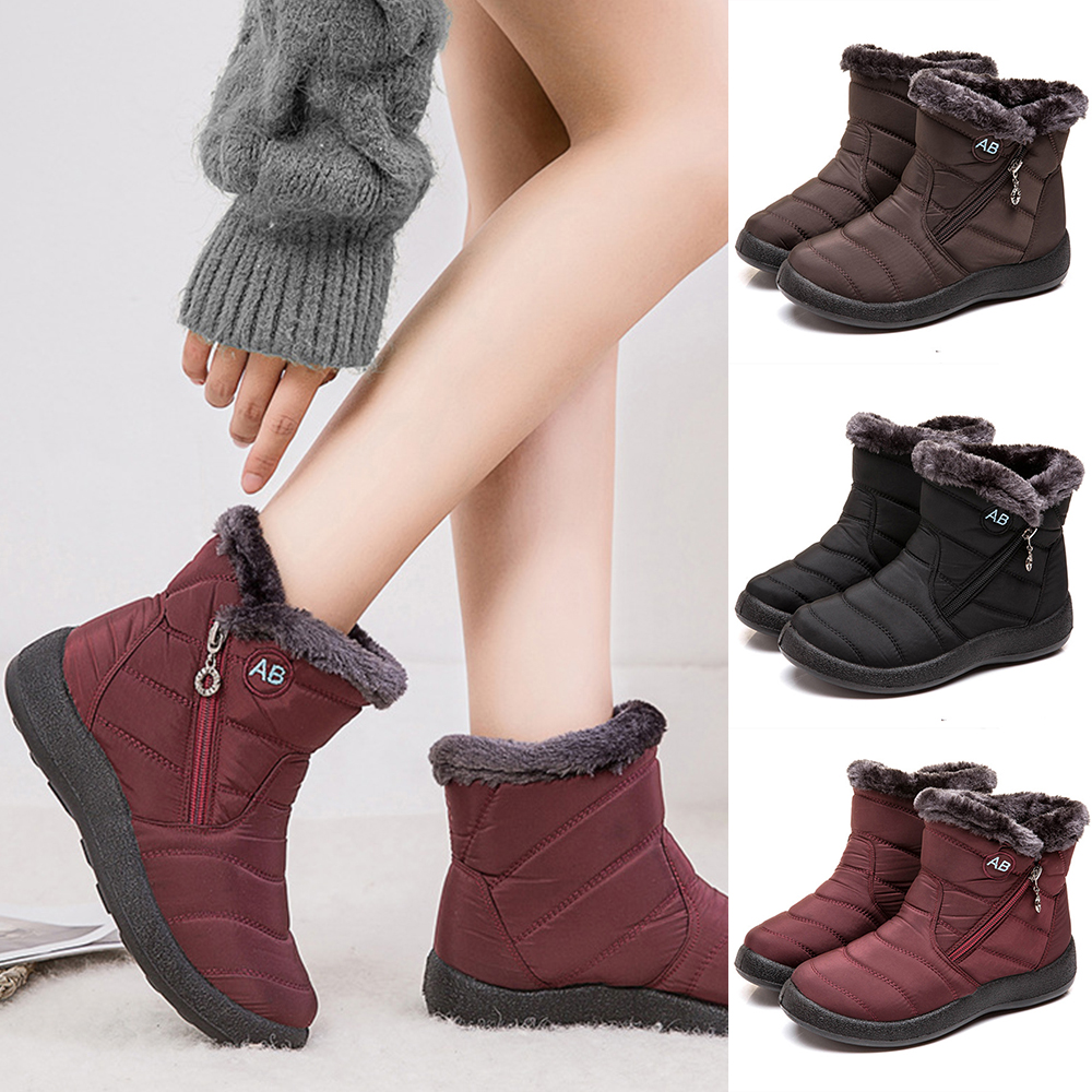 Waterproof Warm Fur Lined Ankle Snow Boots Women Casual Zip Up Soft Skiing Shoes
