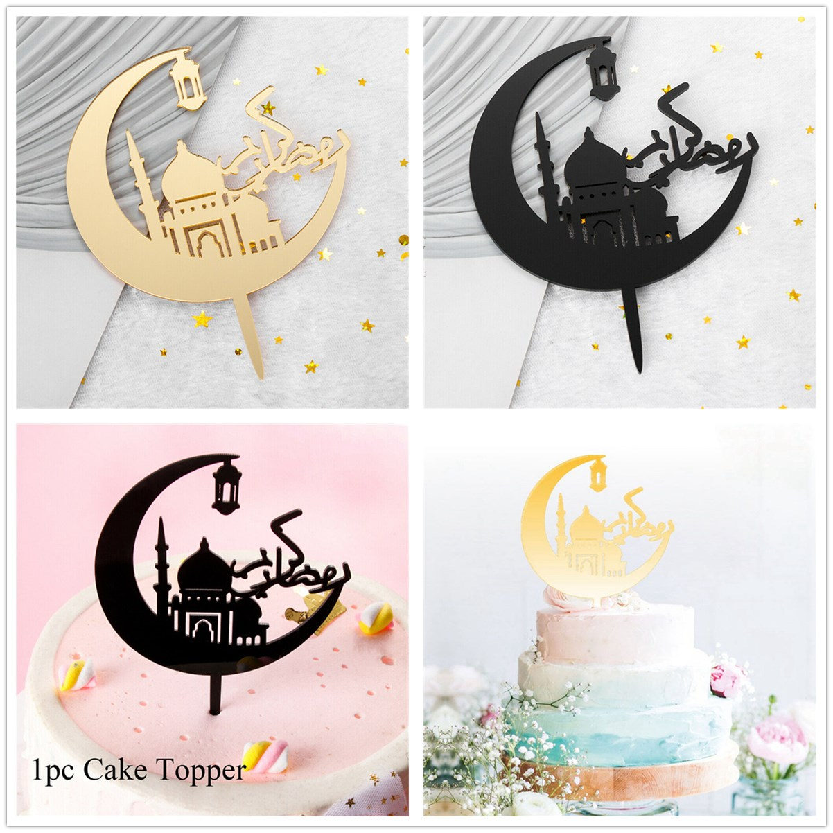 Eid Mubarak Ramadan Cake Topper Wedding Muslim Islam Glitter Hajj Decoration Cuisine Arts De La Table Figurines De Gateau