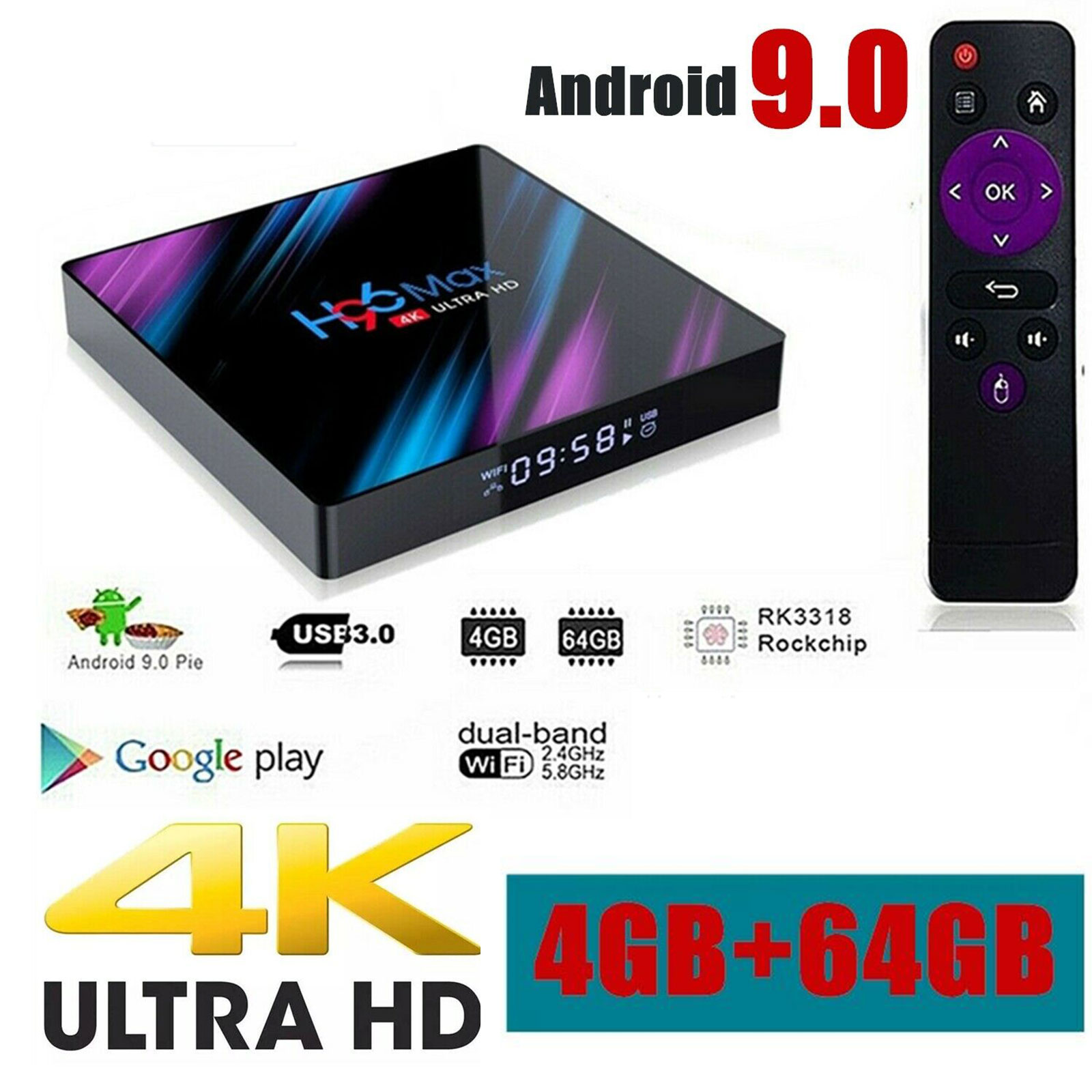 H96 MAX 4GB+64GB Android 9.0 Quad Core TV Box 4K HD Media Player WIFI ...