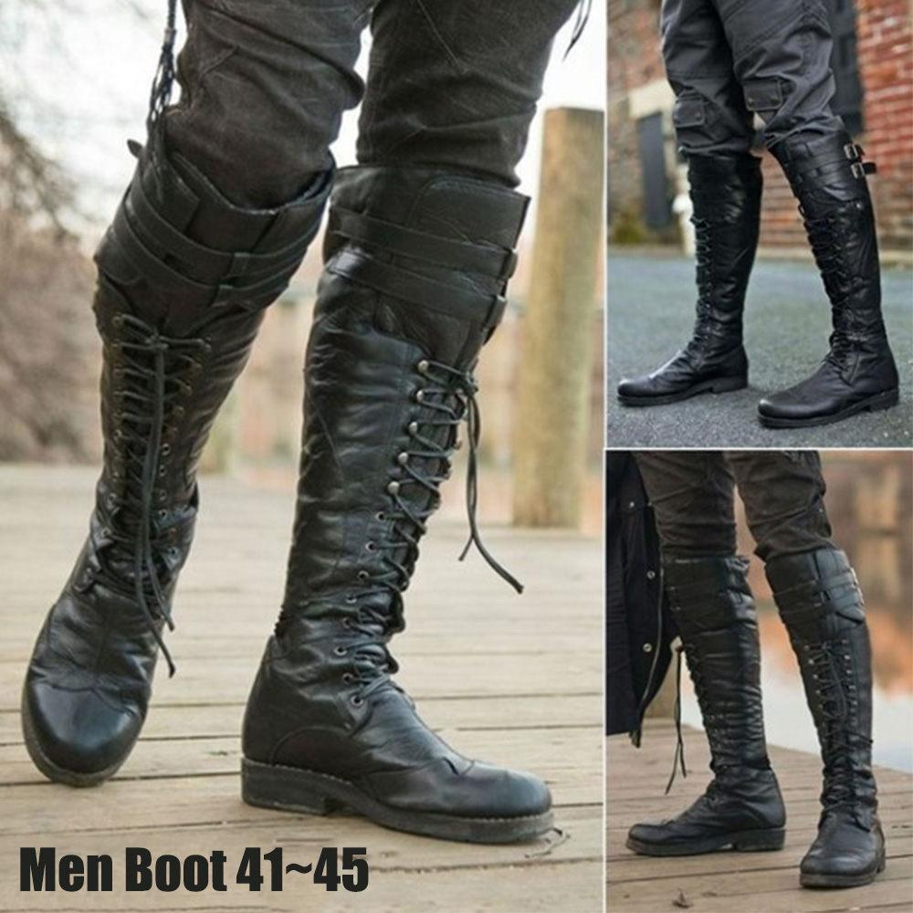 Mens Leather Pirate Knee High Boots Retro Combat Boot Lace Up