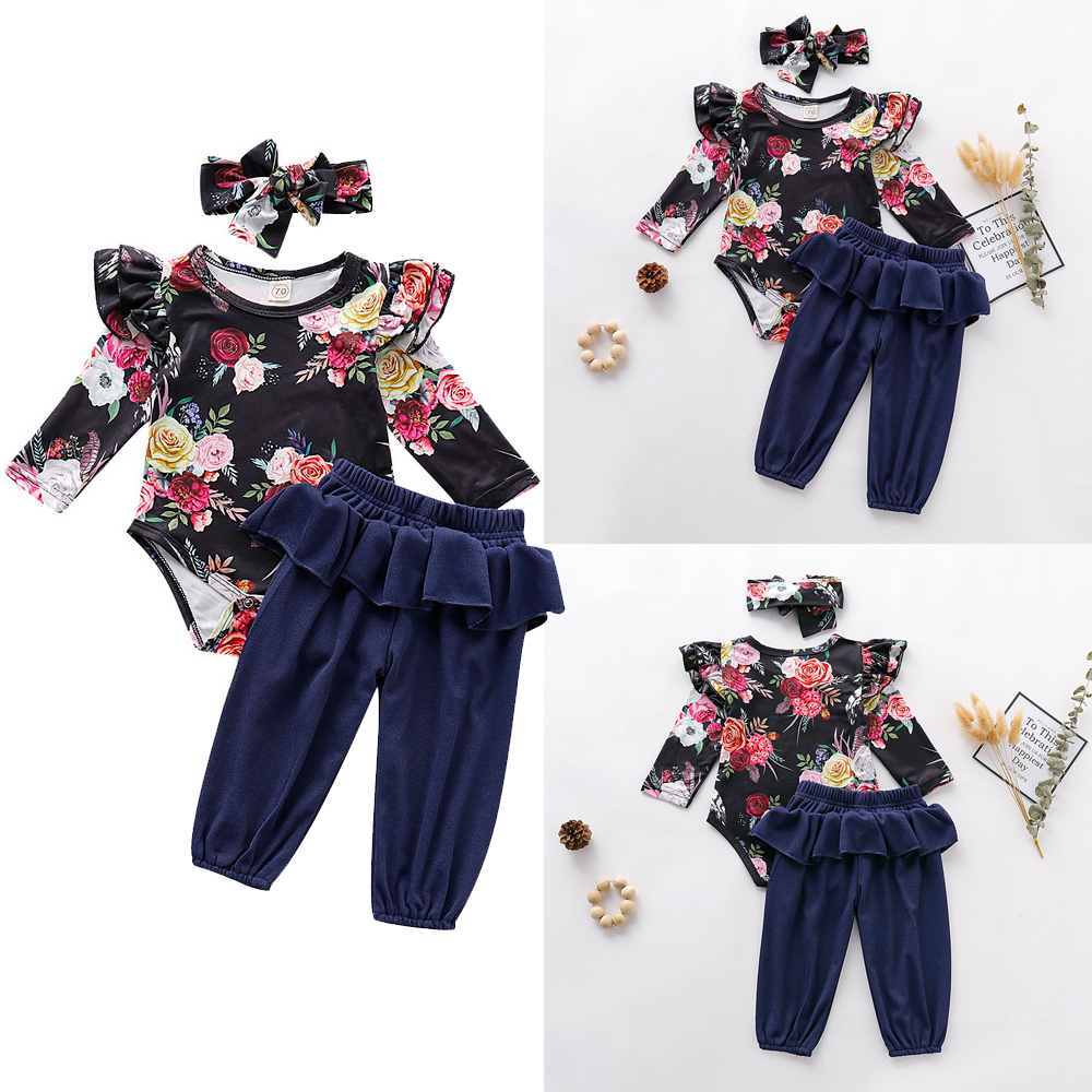 Infant Baby Girls Long Sleeve Flouncing Solid Rompers Bodysuit+Headband 2Pcs Set
