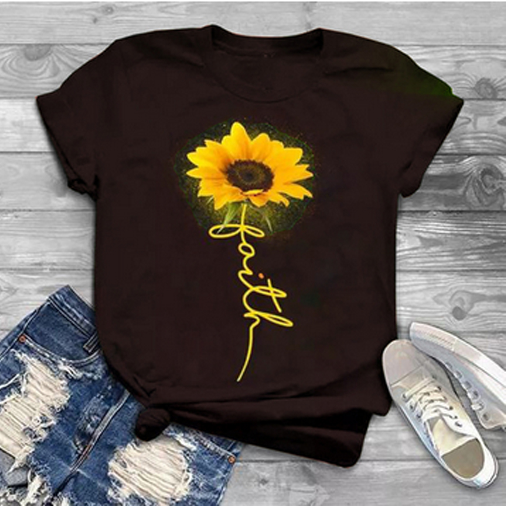 Women Sunflower Printed T-shirt Ladies Tee Shirt Summer Short Sleeve ...