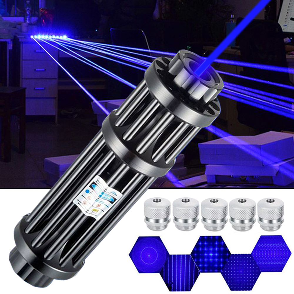 Blue Burning Laser Pointer High Power Visible Light Beam &5 Head Caps  Adjustable