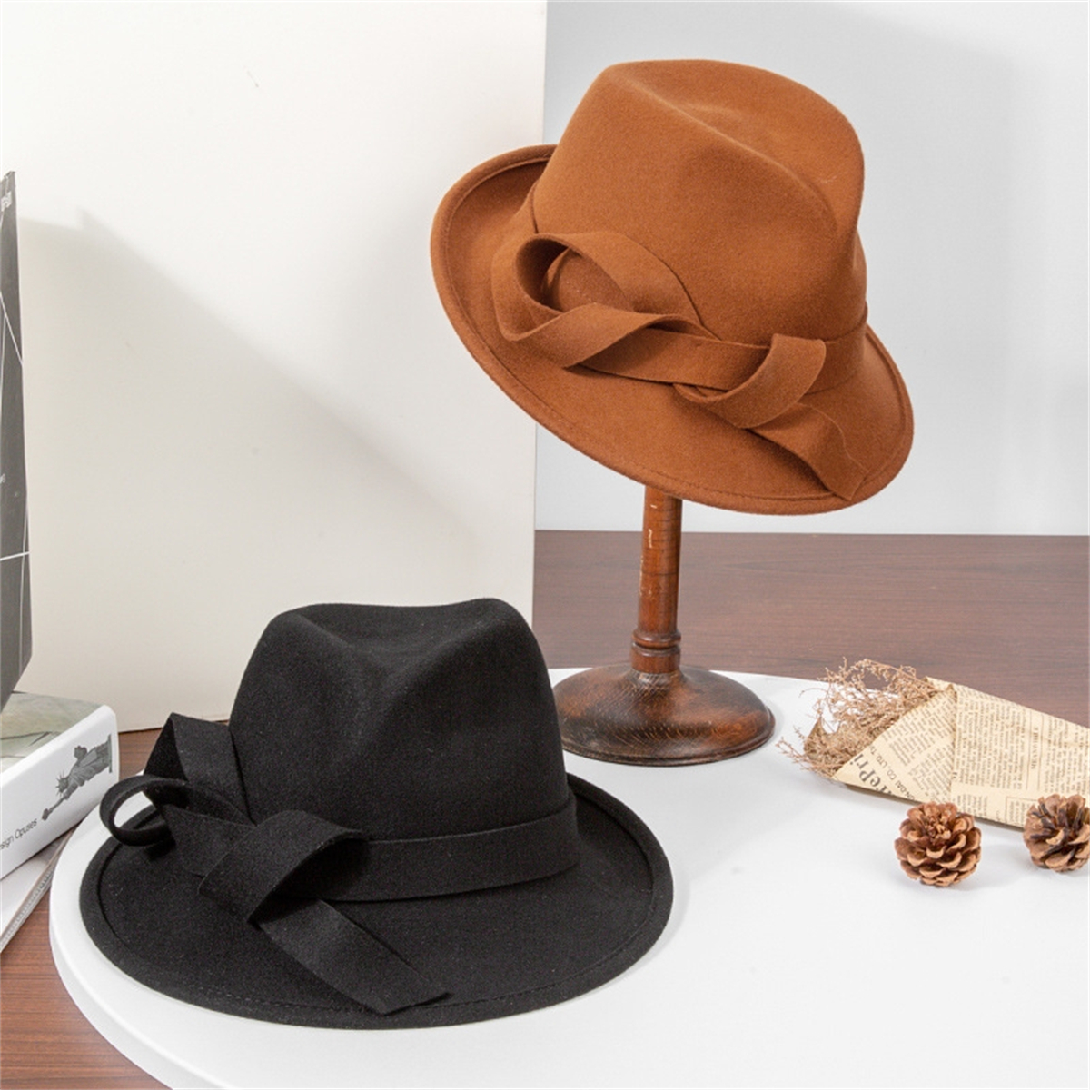 Wide Brim Women Felt Flat Top Tan Classic Retro Hat With Ribbon Band Sz OS Flat Tan Wide Brim Sun Hat With Black Ribbon Trim at Amazon  main image 2