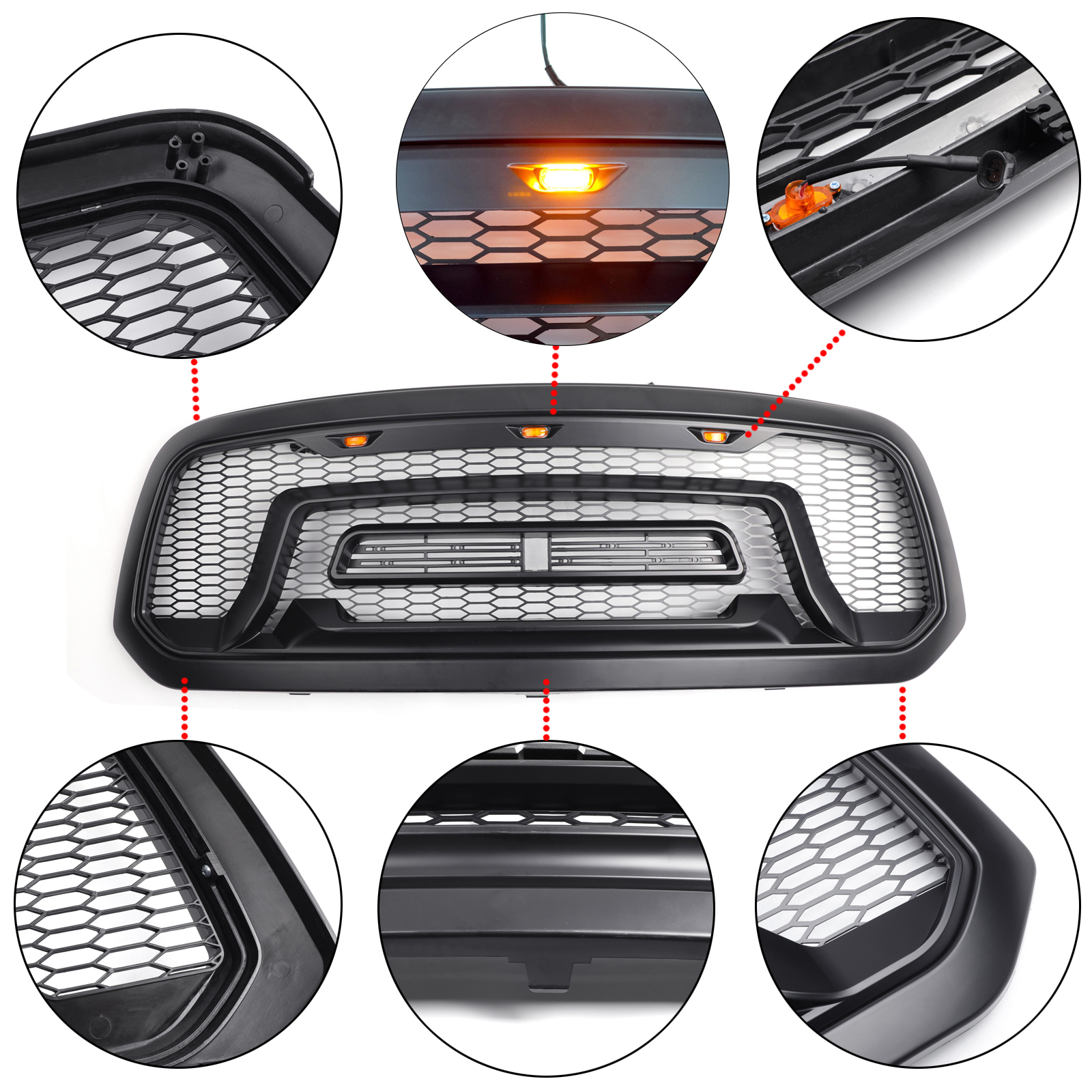LED Grille ABS Honeycomb Bumper Grill Mesh Grille fit 13-2018 Dodge Ram 1500 BLK