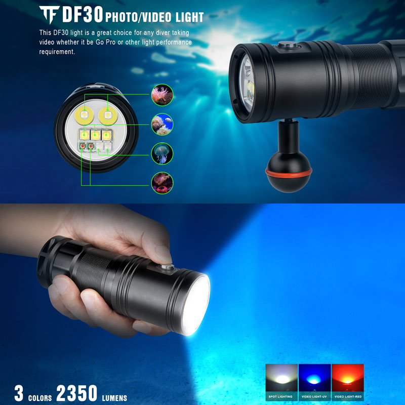 Diving Scuba Flashlight Underwater 100m White/Red/UV Photography Lamp