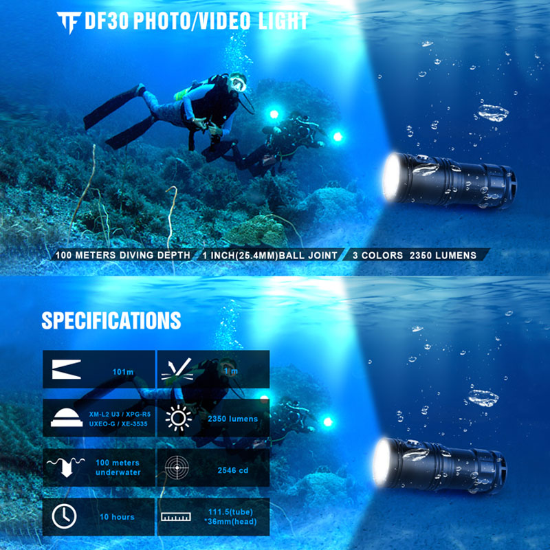Diving Scuba Flashlight Underwater 100m White/Red/UV Photography Lamp