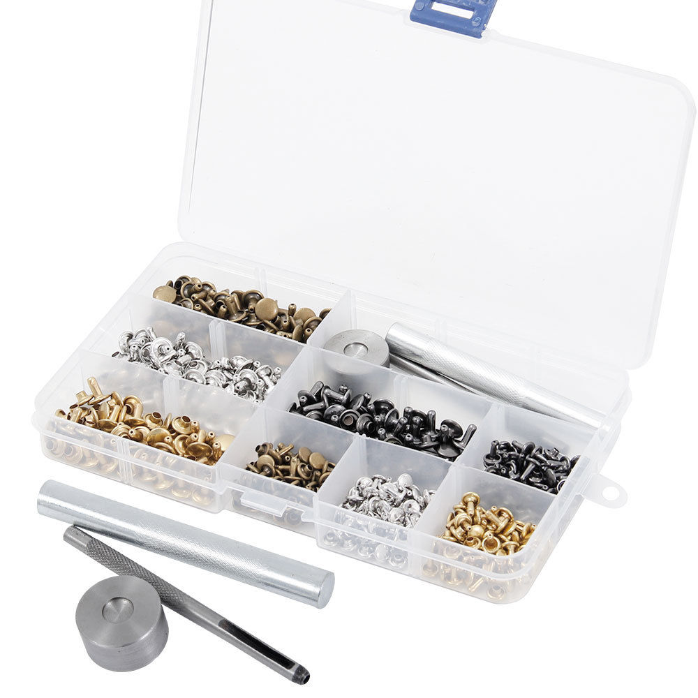240 Set Leather Double Cap Rivets Tubular Metal Studs Fixing Tool Kit