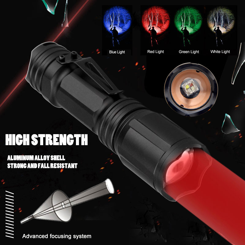 Zoom 4 Color In 1 MultiColor Tactical Flashlight Torch Hunting 3AAA or