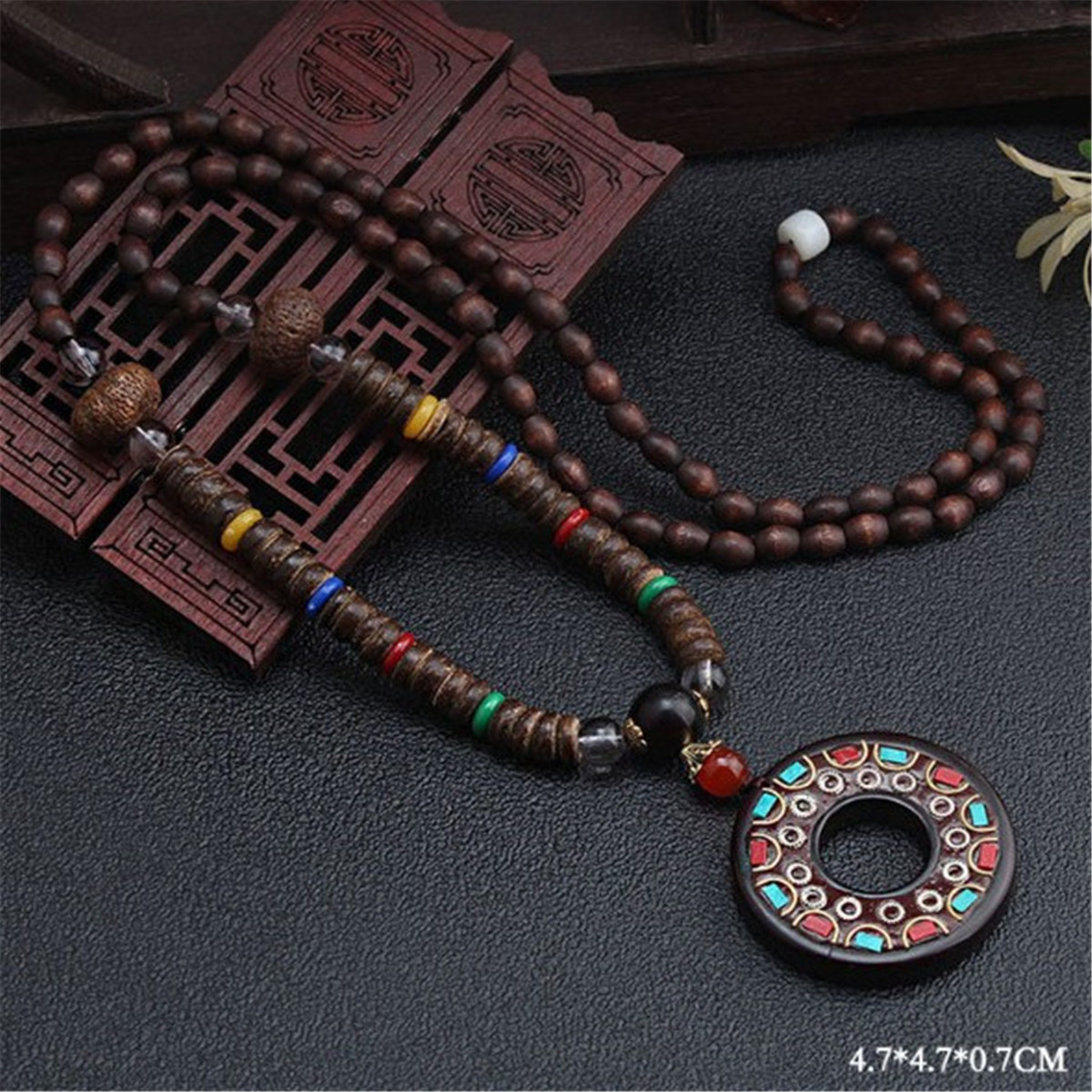 Retro Handmade Nepal Buddhist Mala Bead Pendant Ethnic Horn Fish Long