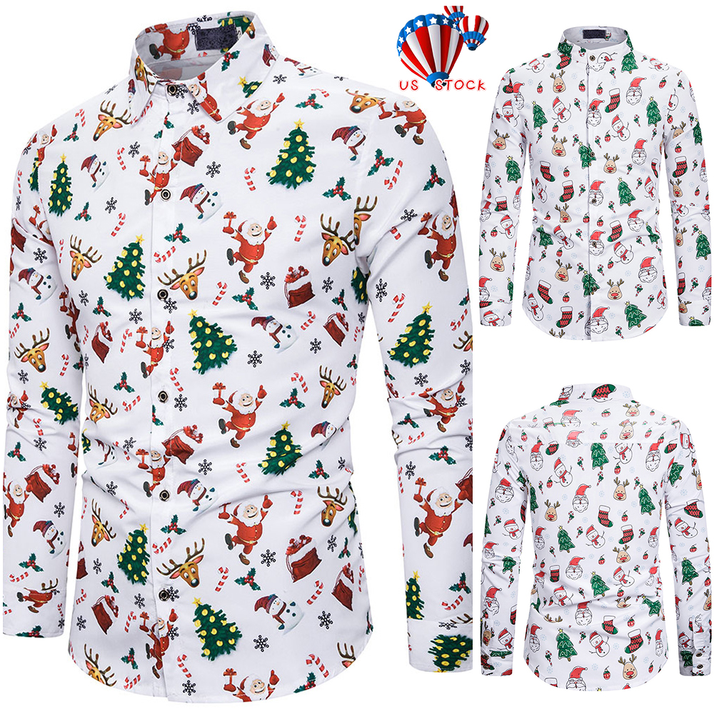 Mens Christmas Print Shirt Blouse Casual Xmas Party Long Sleeve Button ...
