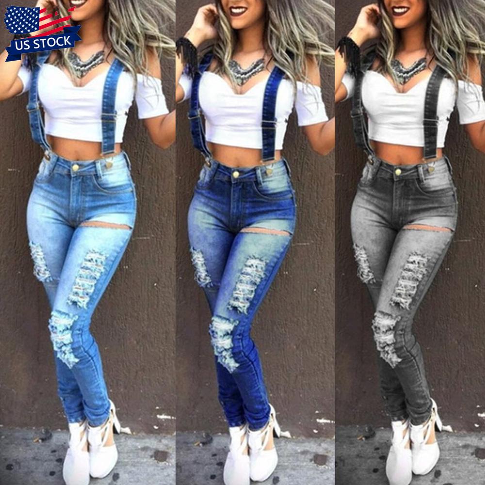 slim ripped denim overalls